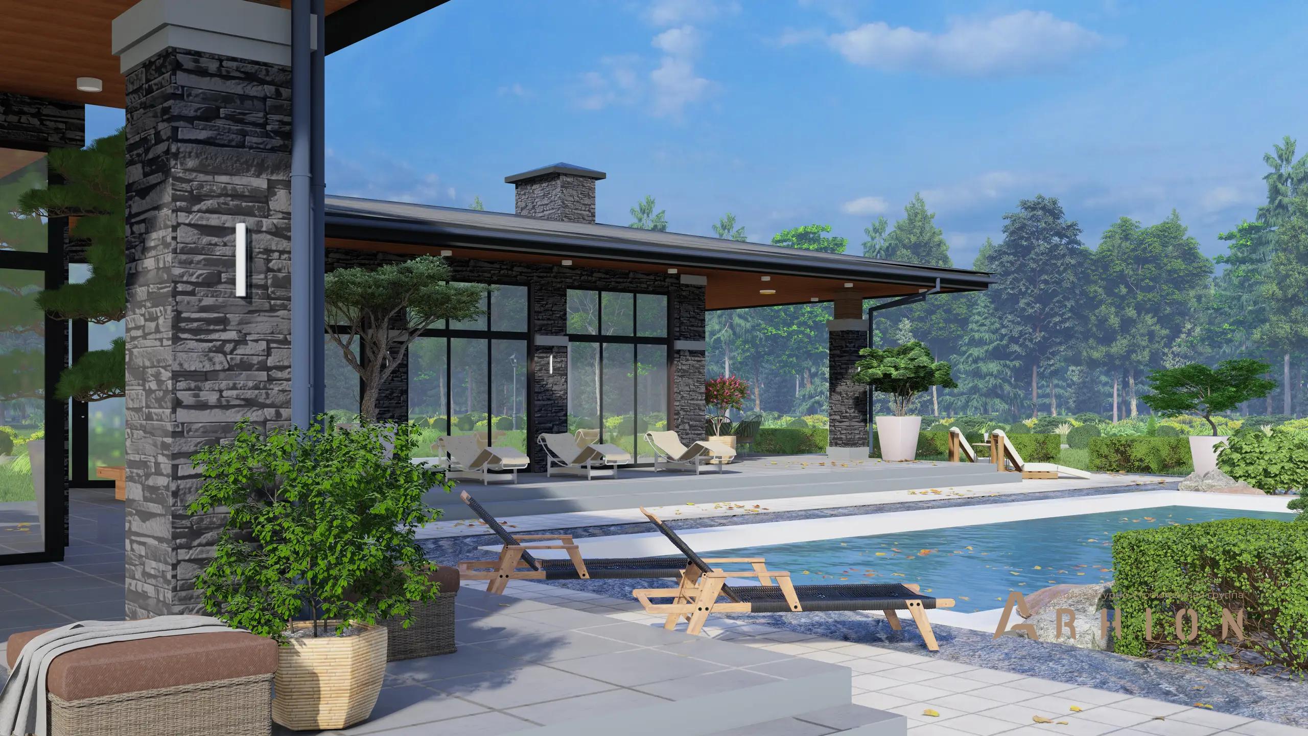 12. Проект двухэтажного дома в стиле Ллойда Райта (прерий) с четырехскатной, h-1604, площадью - 433 кв c сауной, терассой, гаражом, бассейном